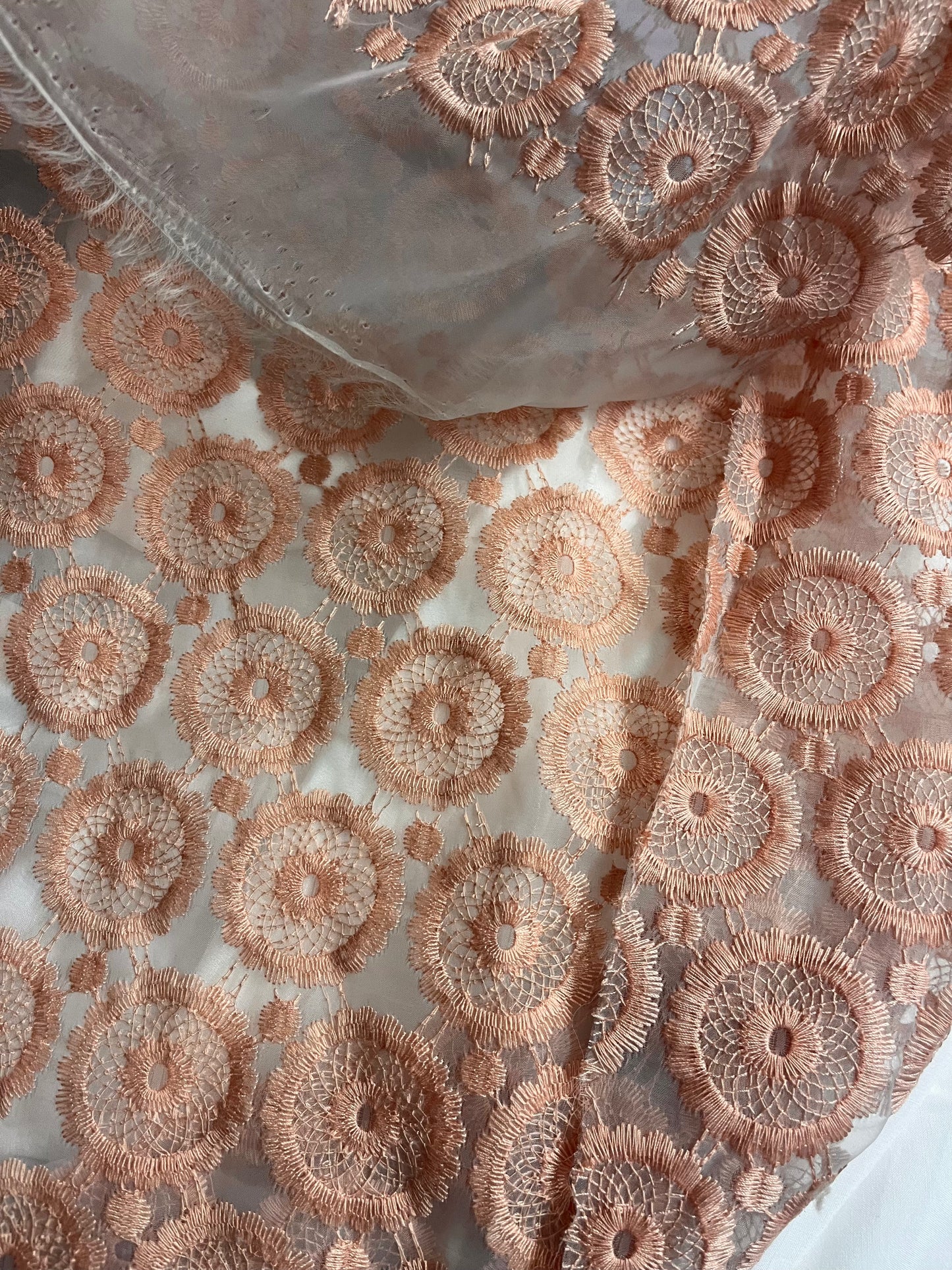 Embroidered Poly Organza - Off-White & Peach