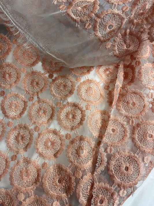 Embroidered Poly Organza - Off-White & Peach