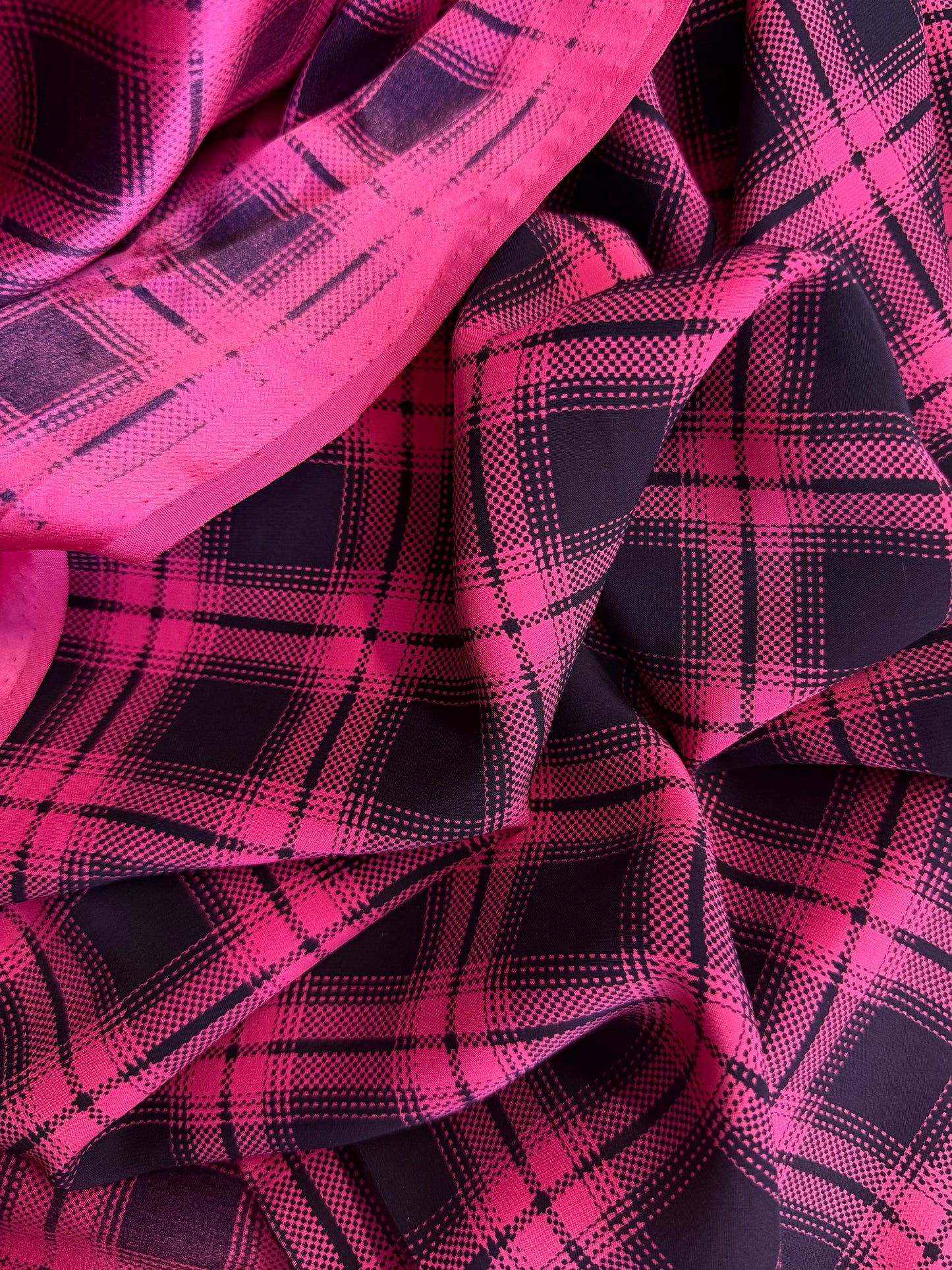 Matte Printed Silk Charmeuse - Plaid - Hot Pink & Black