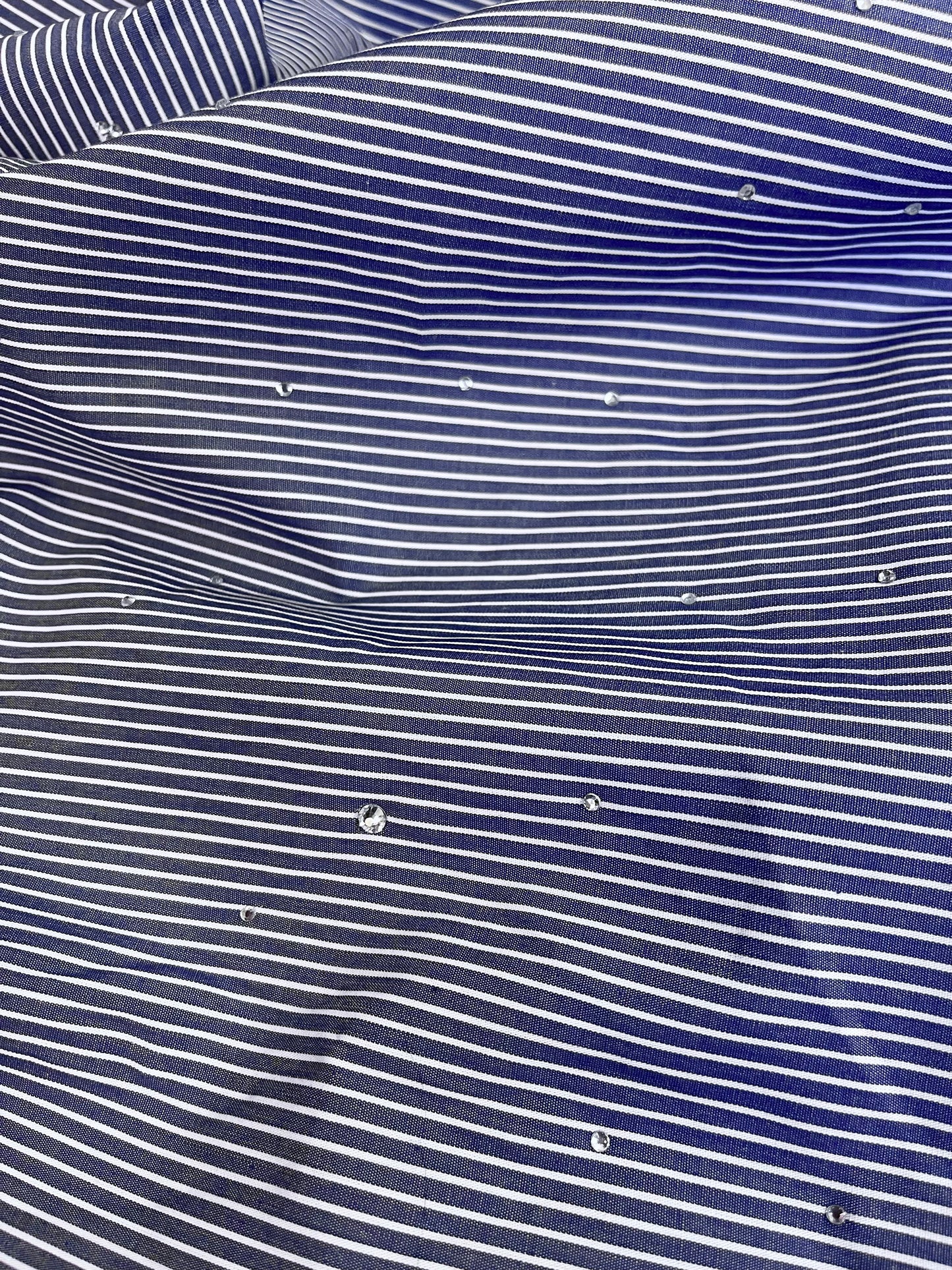 Rhinestone Stripe Cotton Shirting - Blue & White