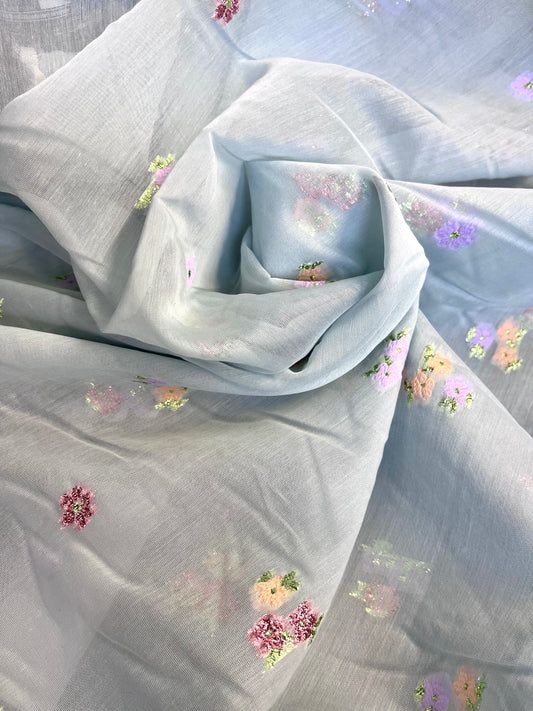 Embroidered Poly/Rayon Organza - Light Blue & Multicolor Lurex