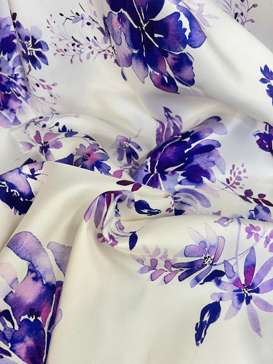 Watercolor Floral Silk Twill - Purple & White