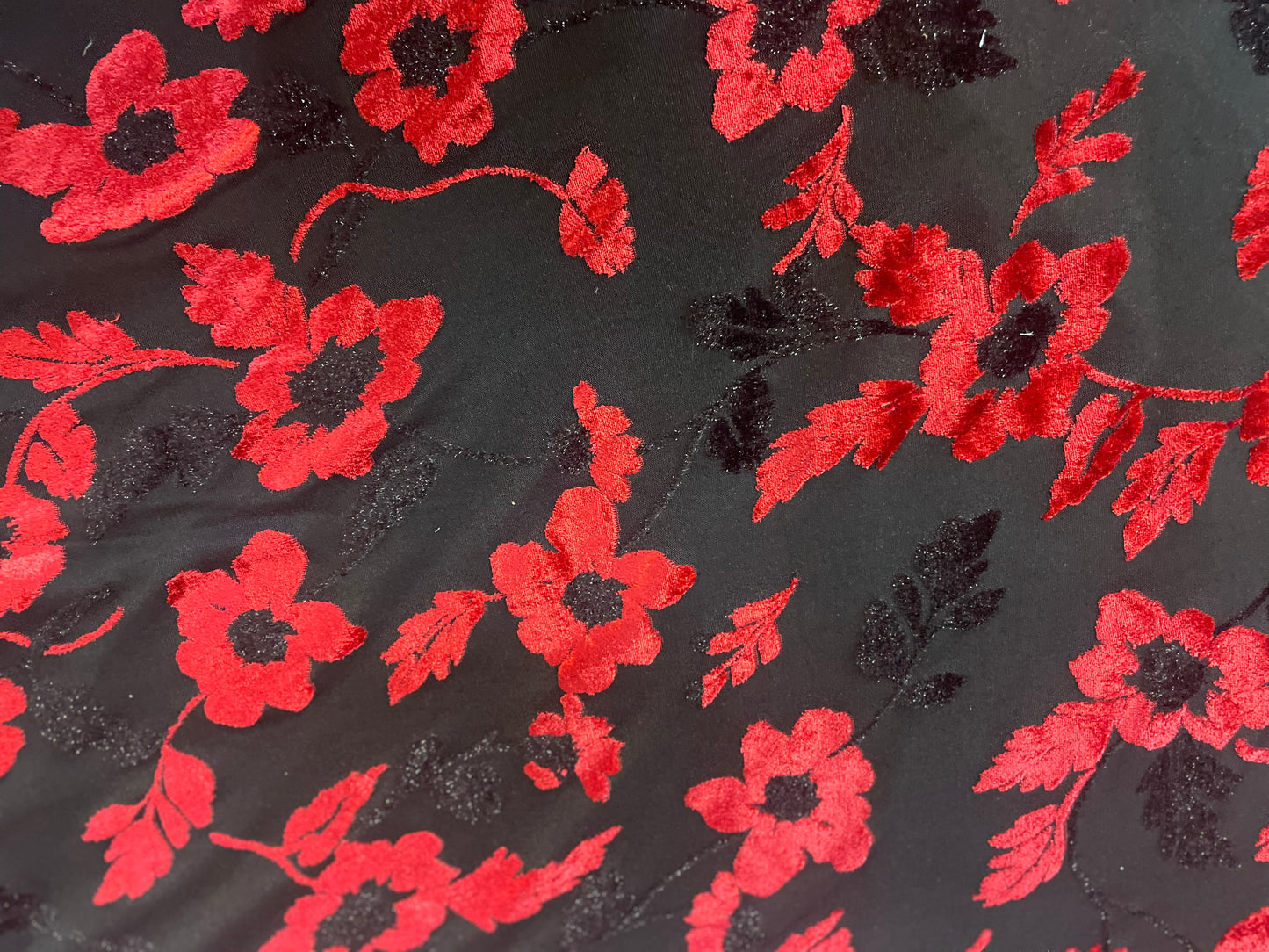 Stretch Floral Print Velvet Burnout Mesh - Red & Black