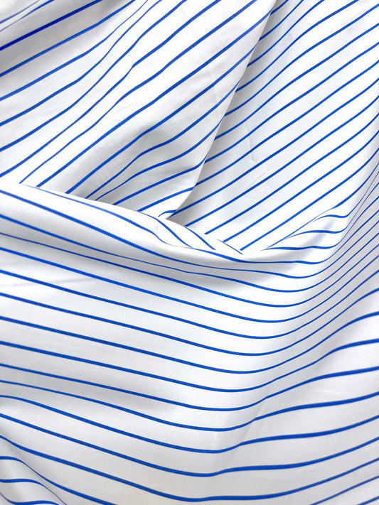 Italian Stripe Cotton Shirting - Pure White & Cobalt Blue