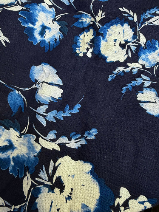 Linen Rayon Floral - Indigo Blue & White