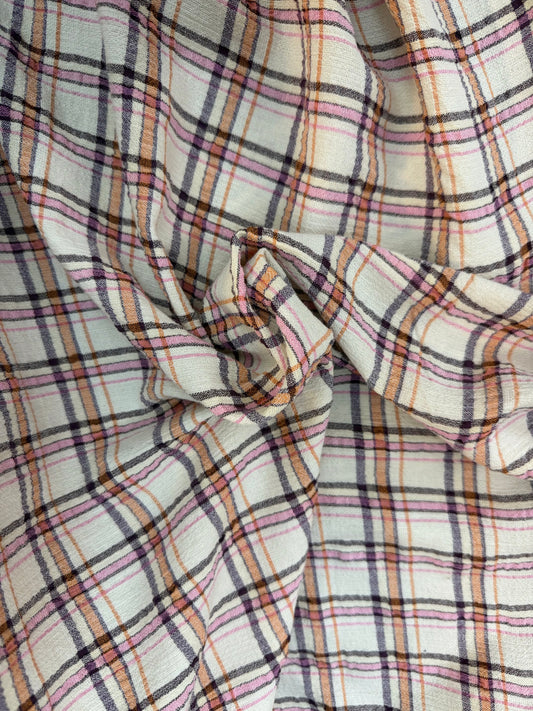 Plaid Crinkled Cotton - Off-White, Pink, Grey & Orange