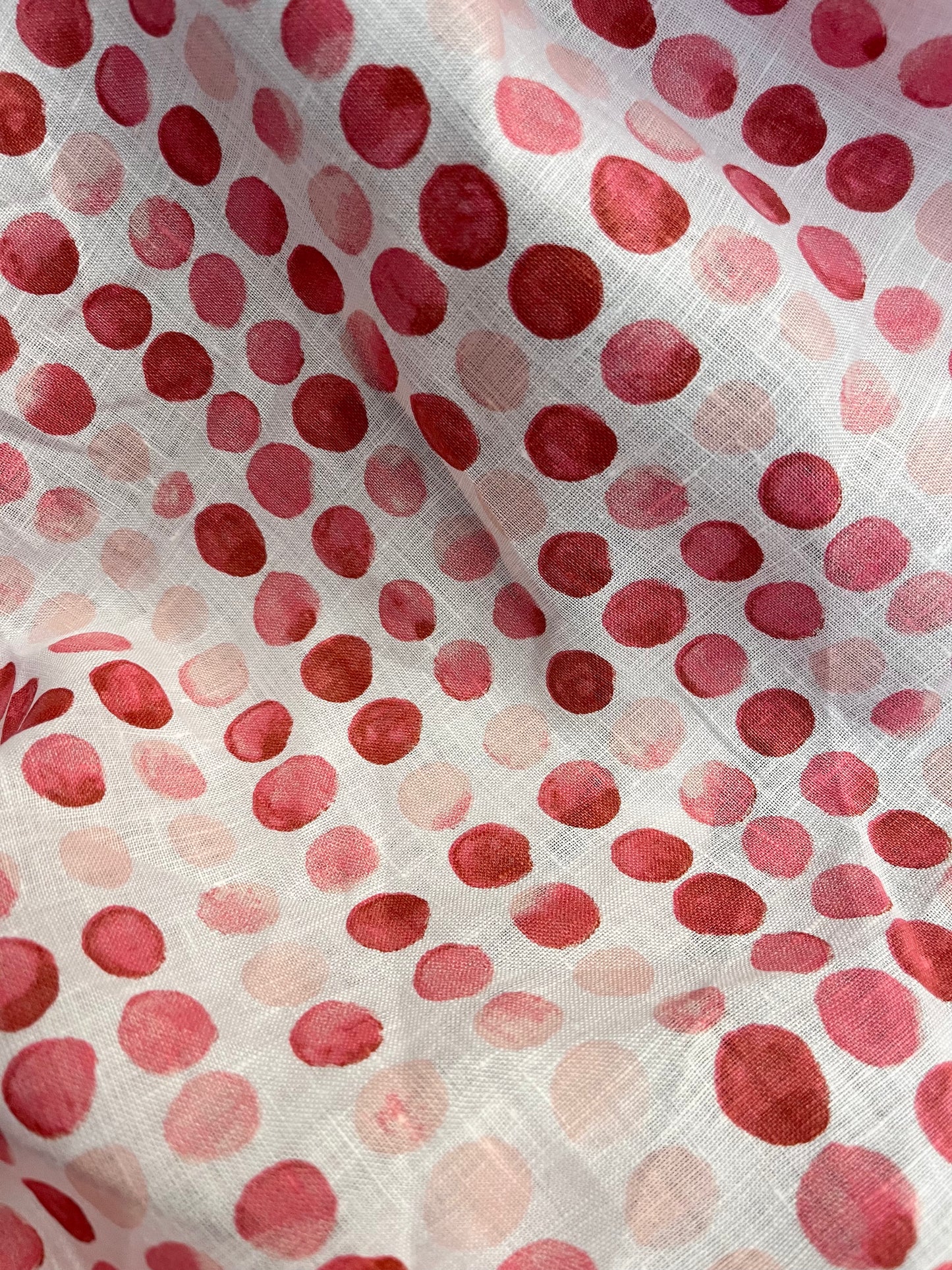 Italian Linen Print - Watercolor Polka Dot - White & Red