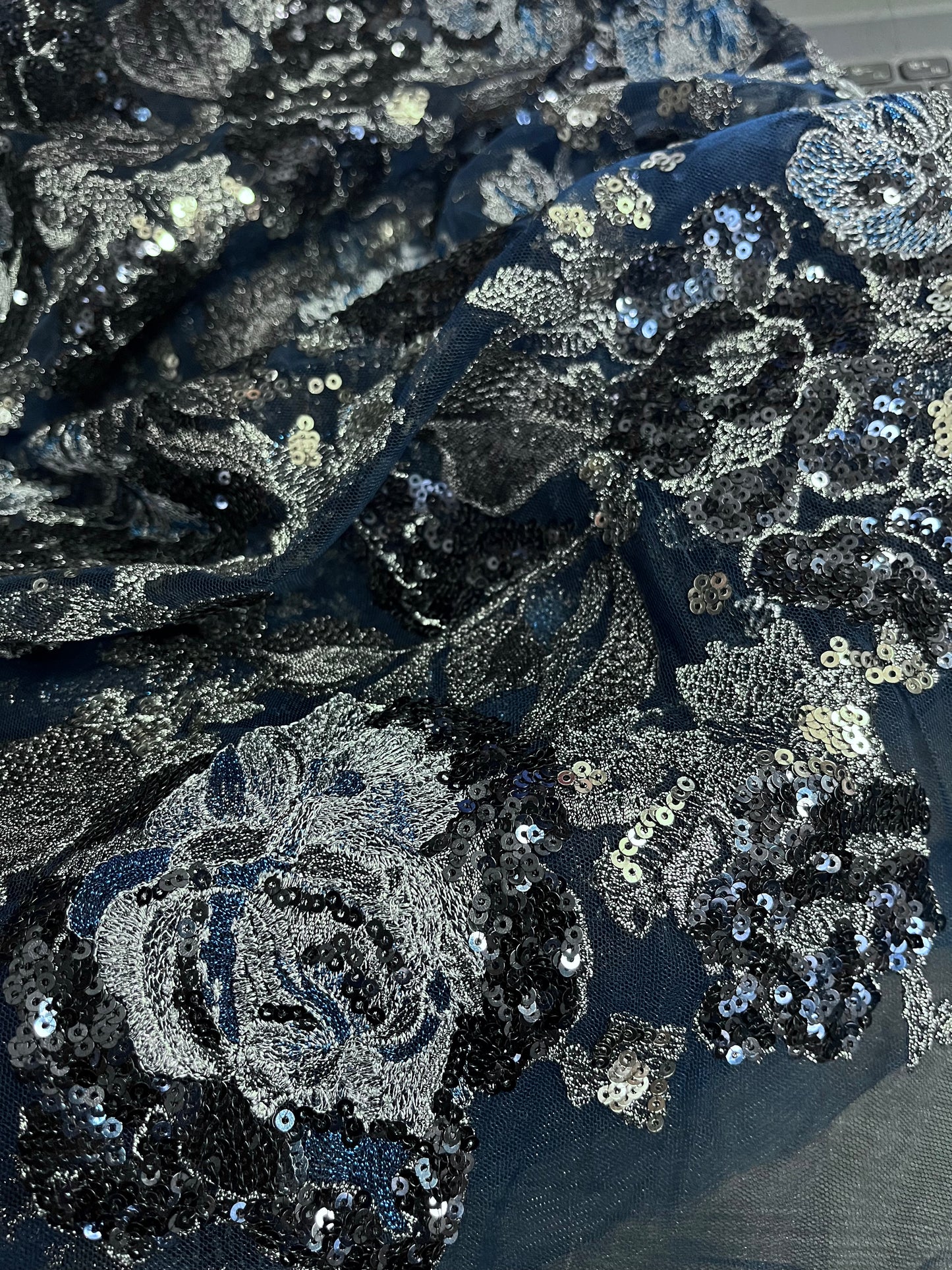 Floral Embroidered Sequin Mesh - Dark Blue & Silver