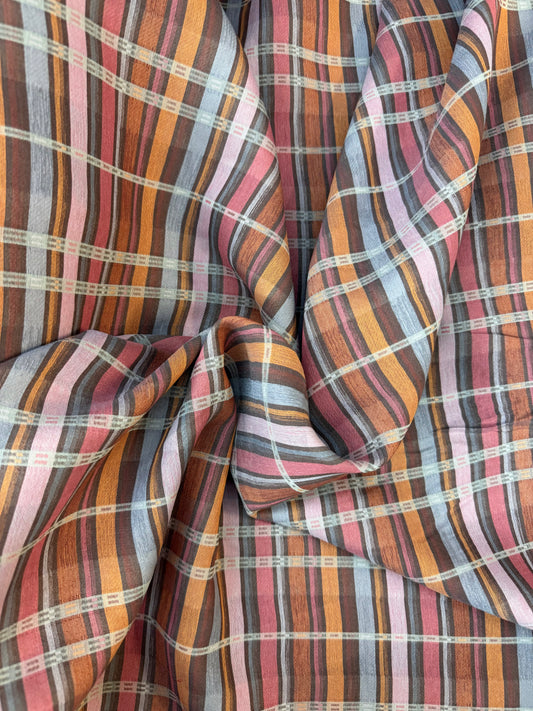 Italian Plaid Viscose Blend - Pink, Brown & Grey