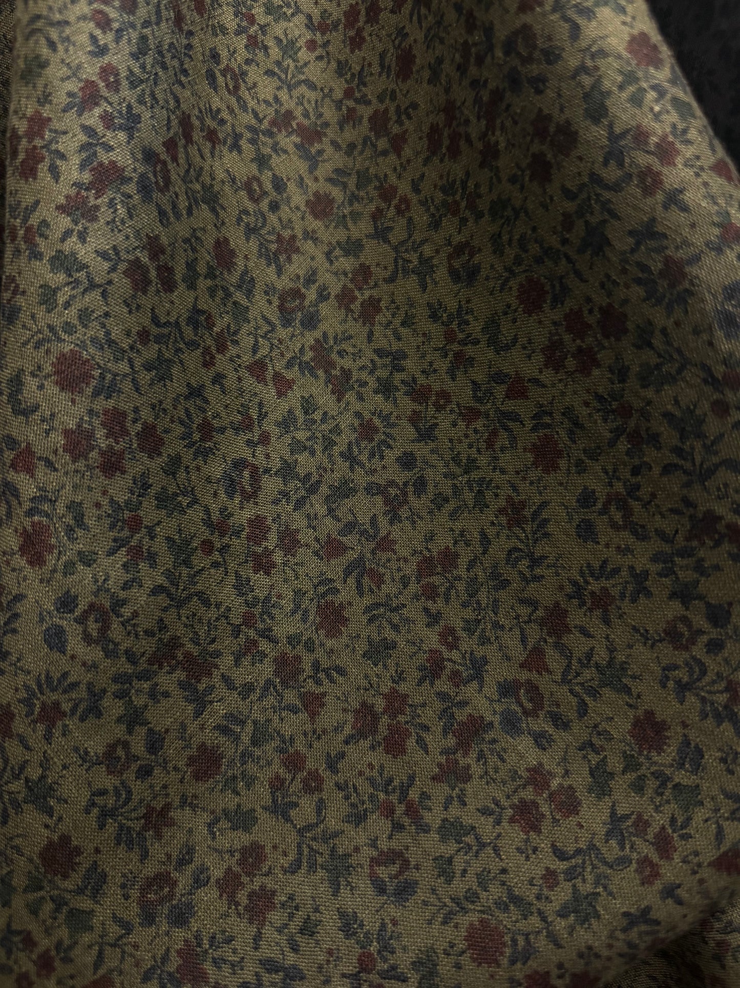 Floral Printed Linen - Olive Green & Dark Red