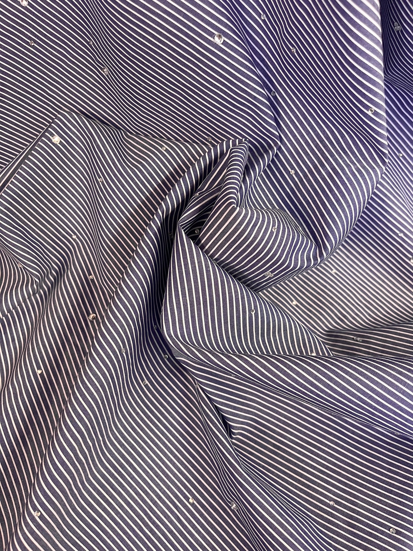 Rhinestone Stripe Cotton Shirting - Blue & White