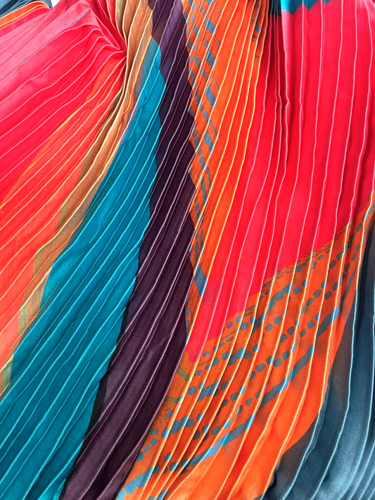 Abstract Print Pleated Poly - Coral, Teal & Orange
