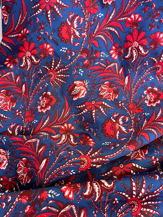Spanish Rayon Floral Print - Fused - Red & Blue