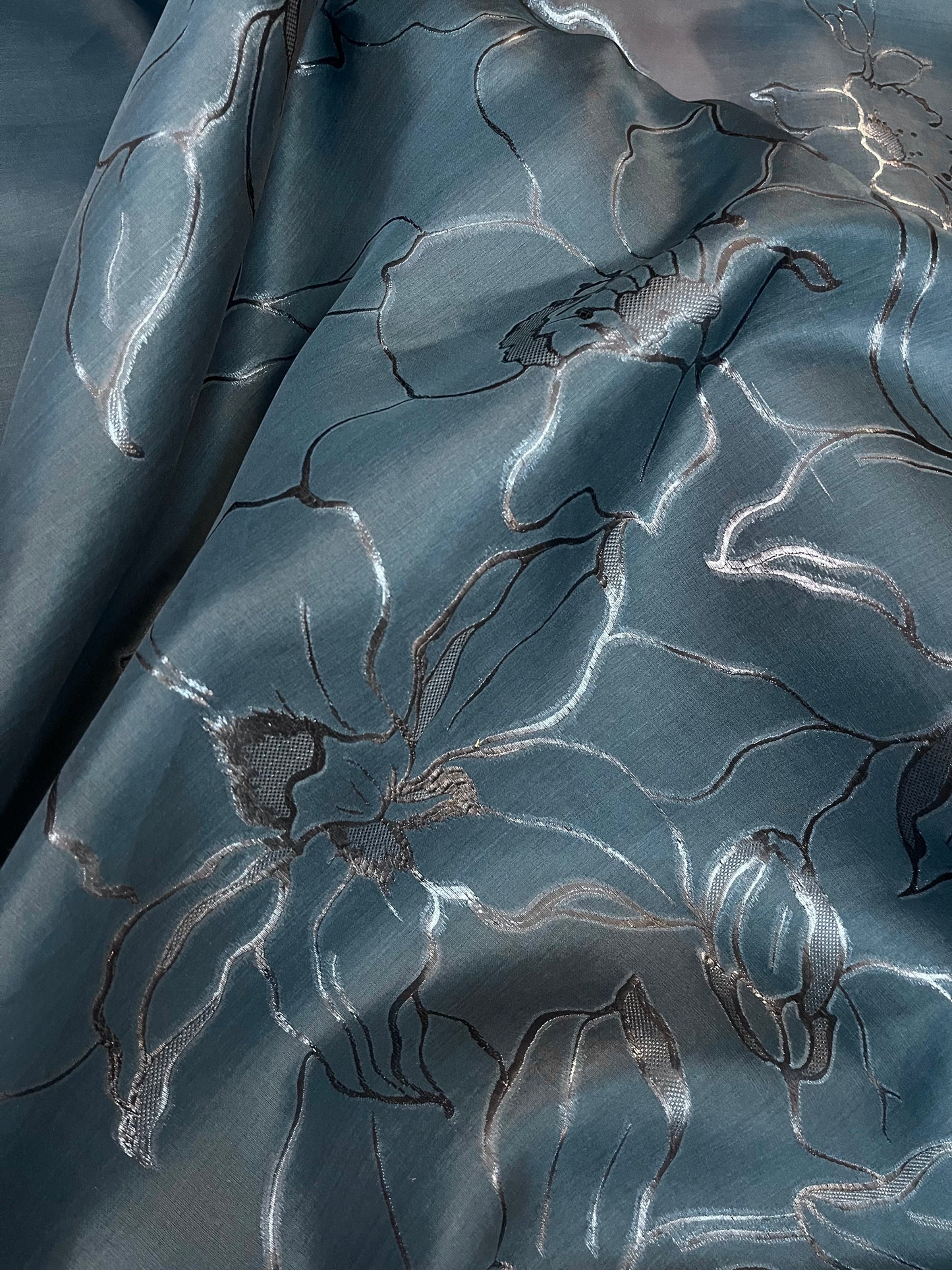 Embroidered Silk Organza - Ocean Teal