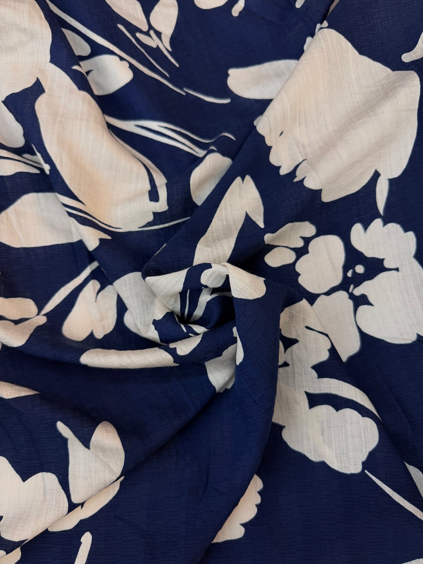 Textured Rayon Floral Print - Navy Blue & White
