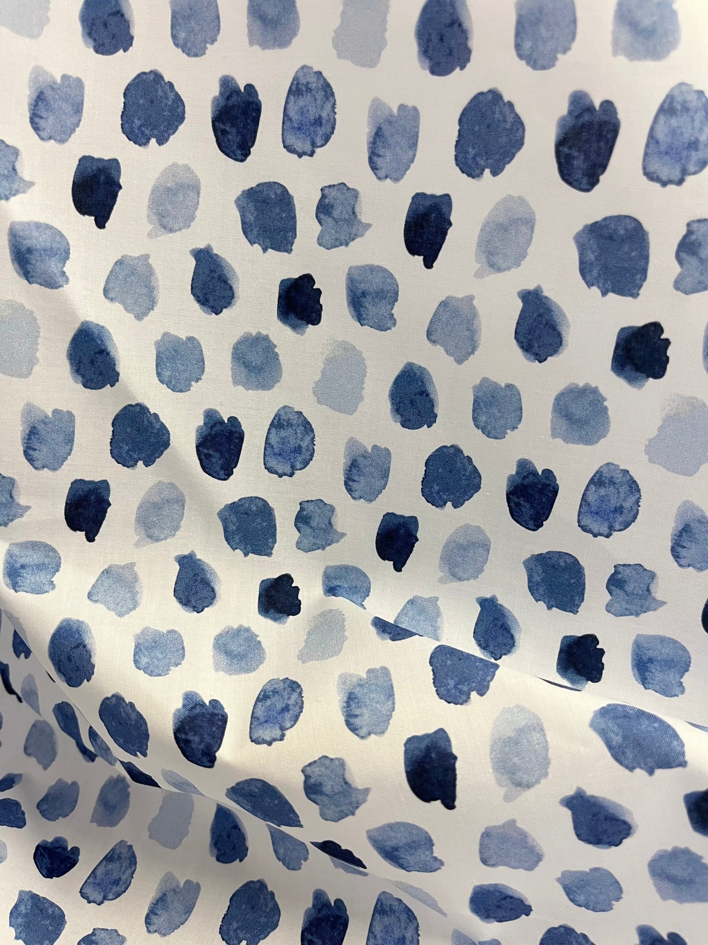 Italian Cotton Print - Watercolor Polka Dot - White & Blue