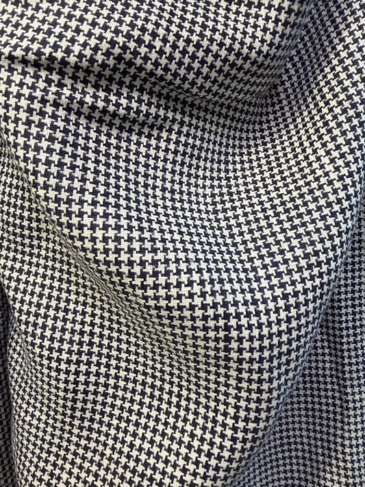 Woven Houndstooth Linen - Ivory & Navy