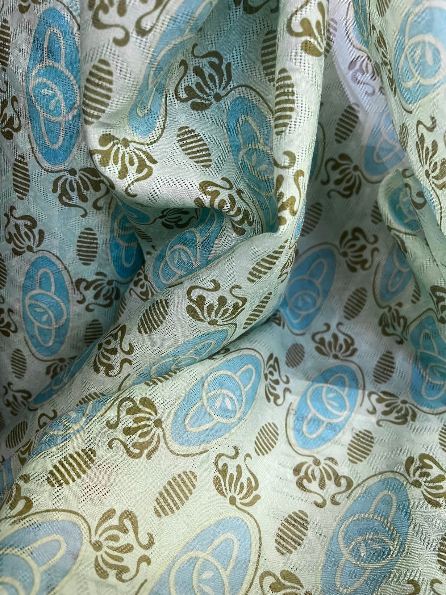 Nouveau Printed Silk Jacquard - Mint, Blue & Brown