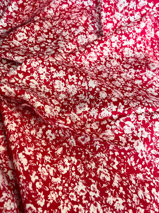 Double Sided Floral Printed Silk Charmeuse - White & Red