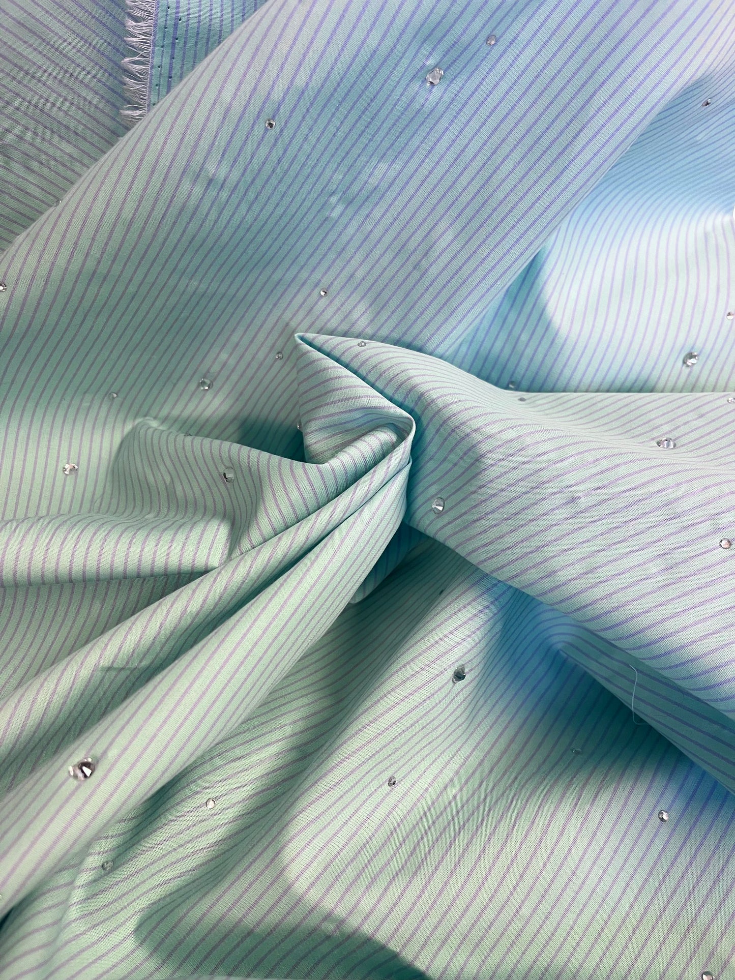 Rhinestone Stripe Cotton Shirting - Seafoam Green & Purple
