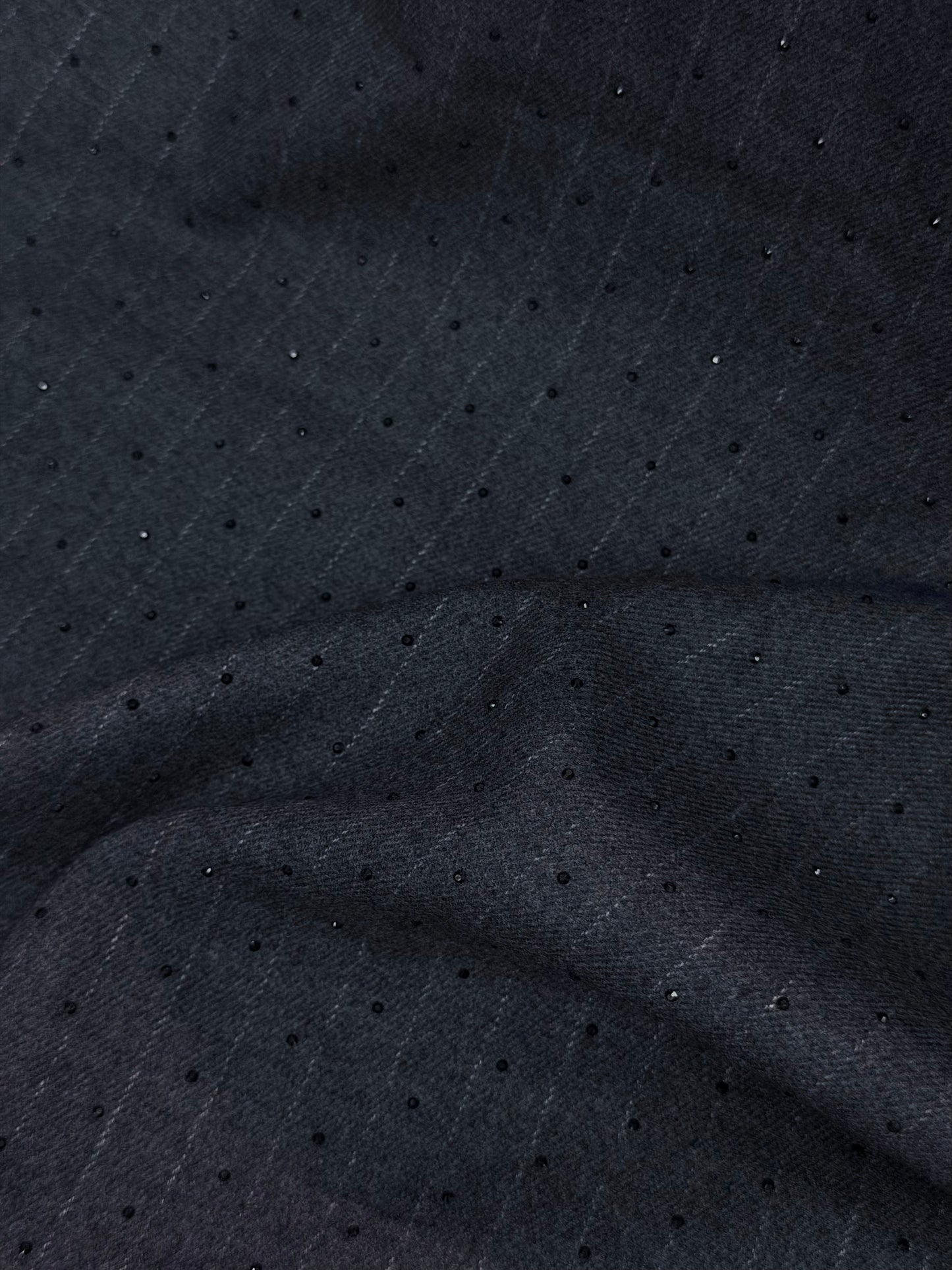 Italian Flannel Poly Rayon Suiting - Navy Pinstripe Rhinestone
