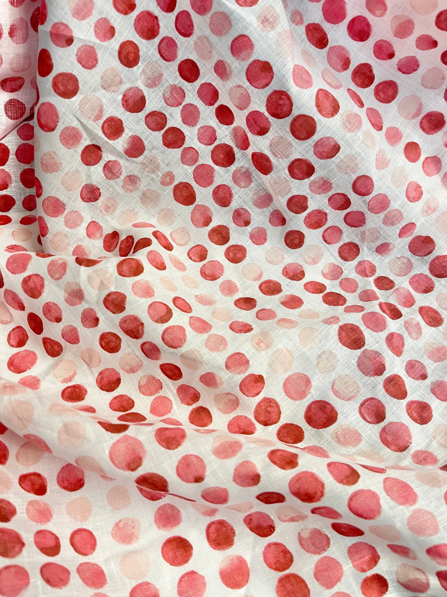 Italian Linen Print - Watercolor Polka Dot - White & Red