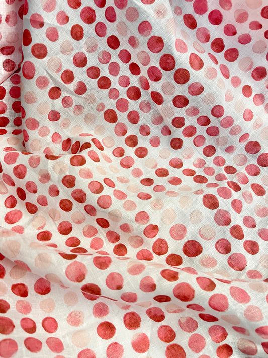 Italian Linen Print - Watercolor Polka Dot - White & Red
