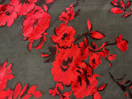 Rose Floral Print Velvet Burnout Mesh - Red & Black