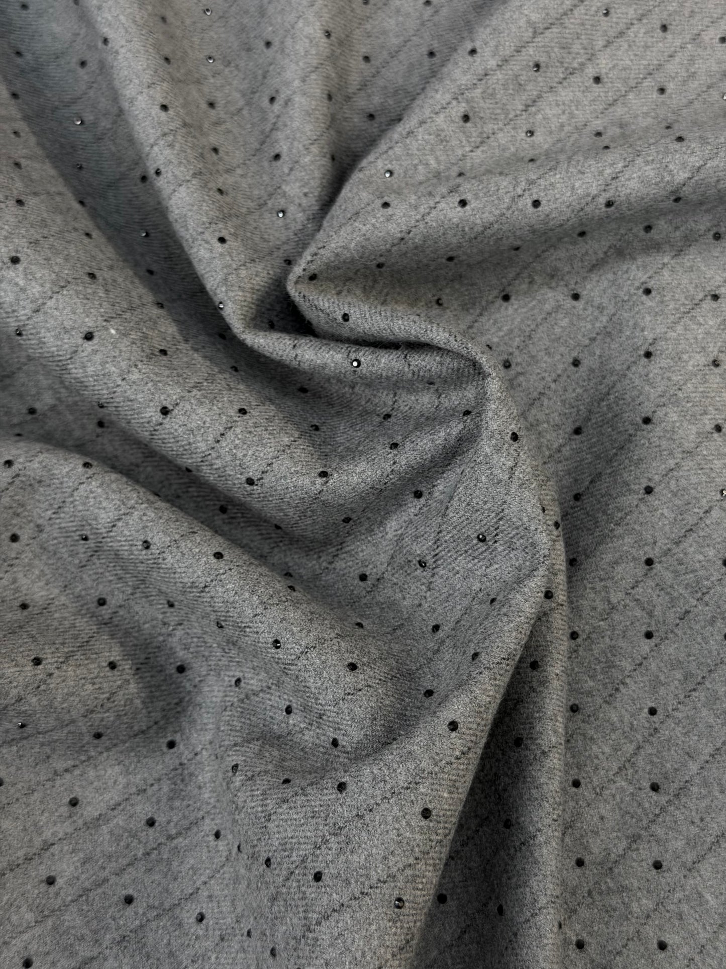 Italian Flannel Poly Rayon Suiting - Grey Pinstripe Rhinestone