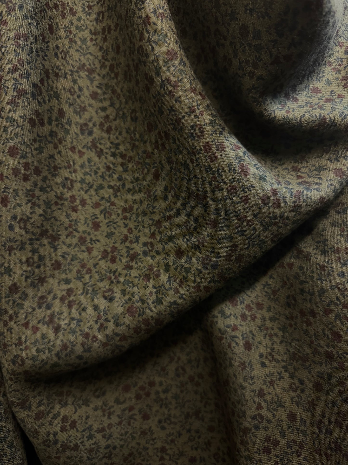 Floral Printed Linen - Olive Green & Dark Red