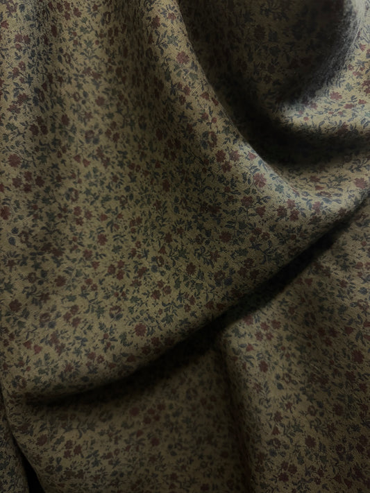 Floral Printed Linen - Olive Green & Dark Red