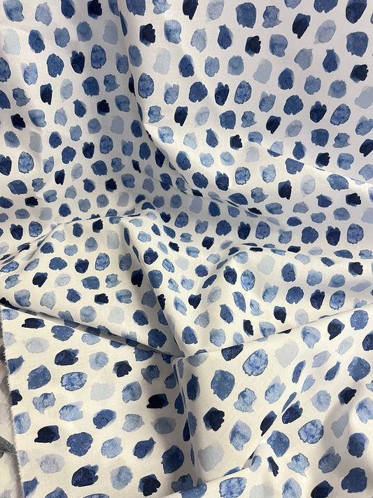Italian Cotton Print - Watercolor Polka Dot - White & Blue