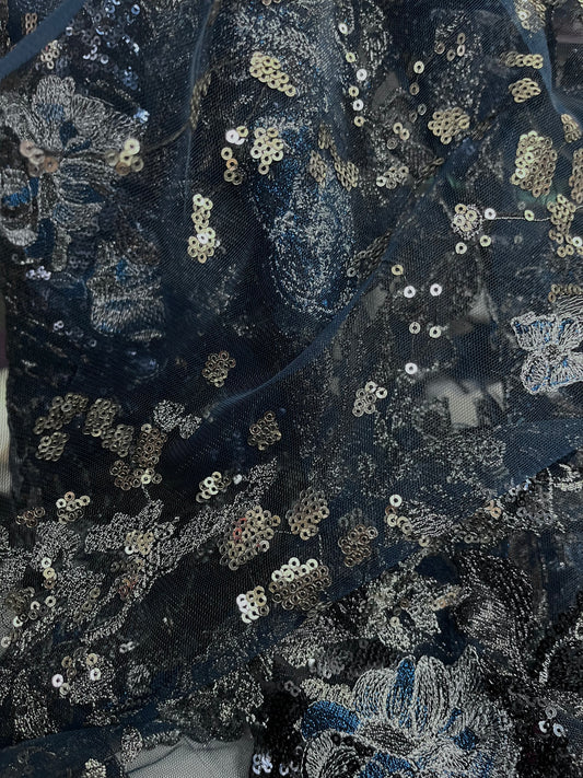 Floral Embroidered Sequin Mesh - Dark Blue & Silver