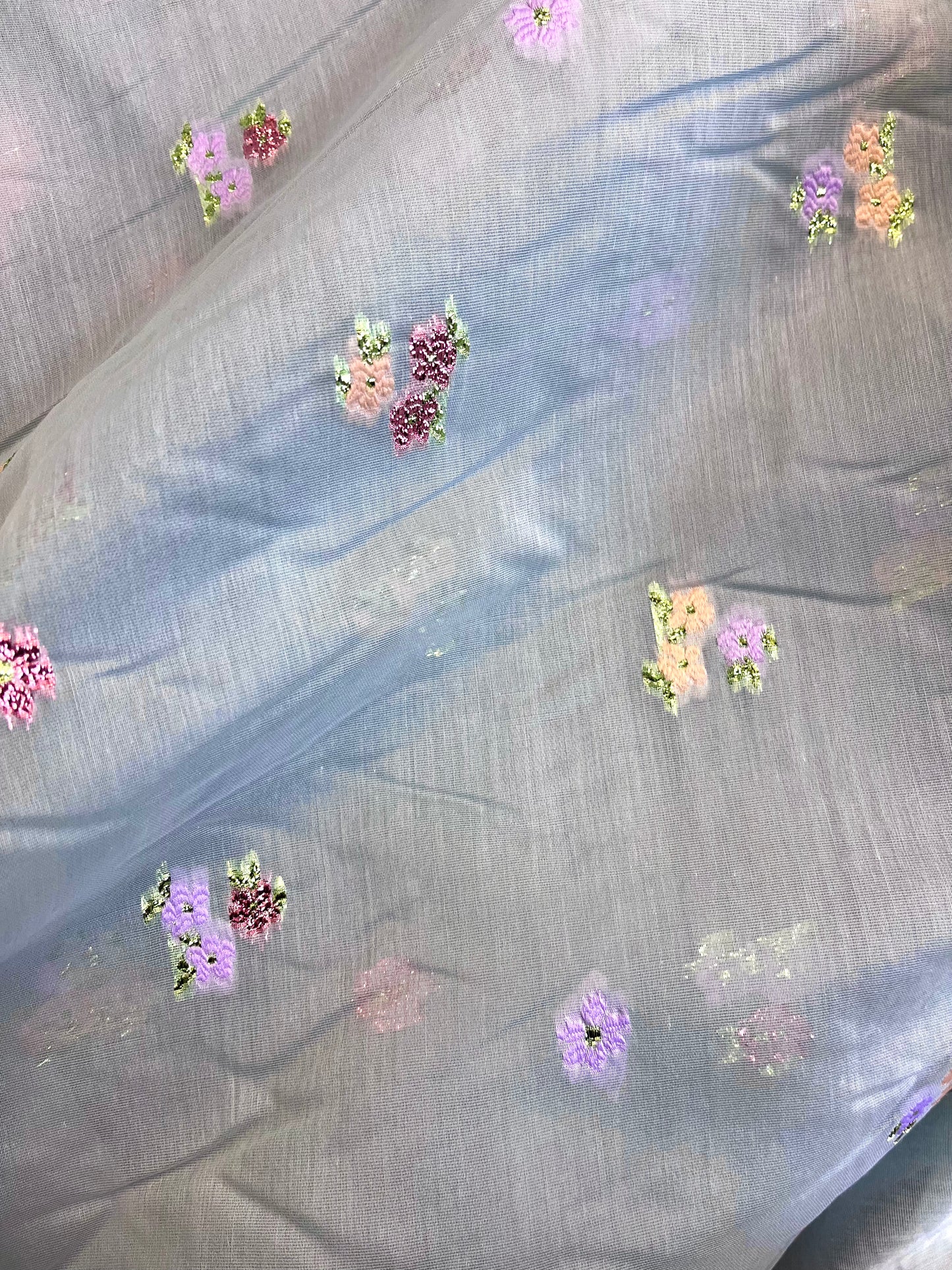 Embroidered Poly/Rayon Organza - Light Blue & Multicolor Lurex