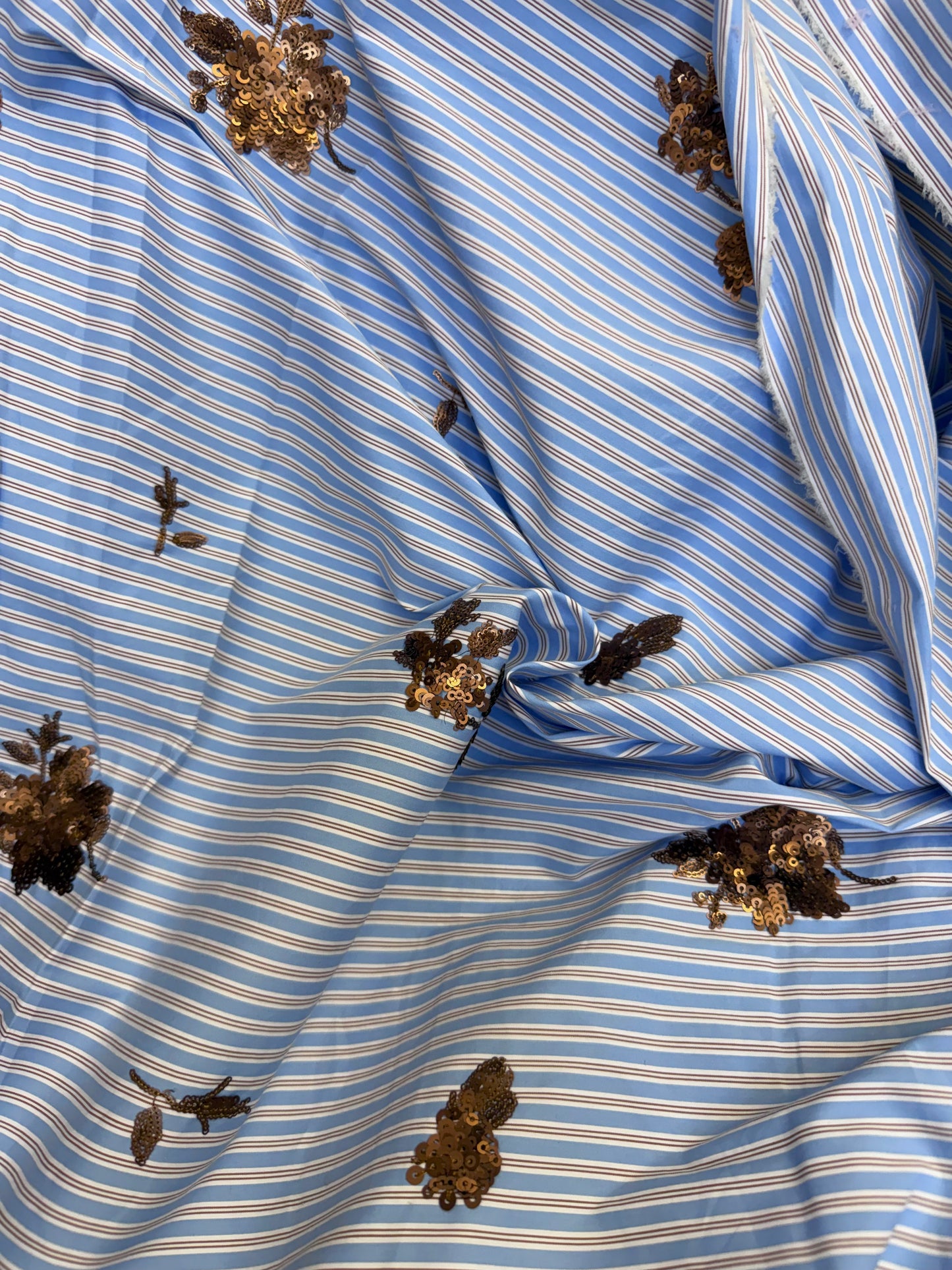 Sequin Stripe Cotton Shirting - Blue, Brown, White & Bronze