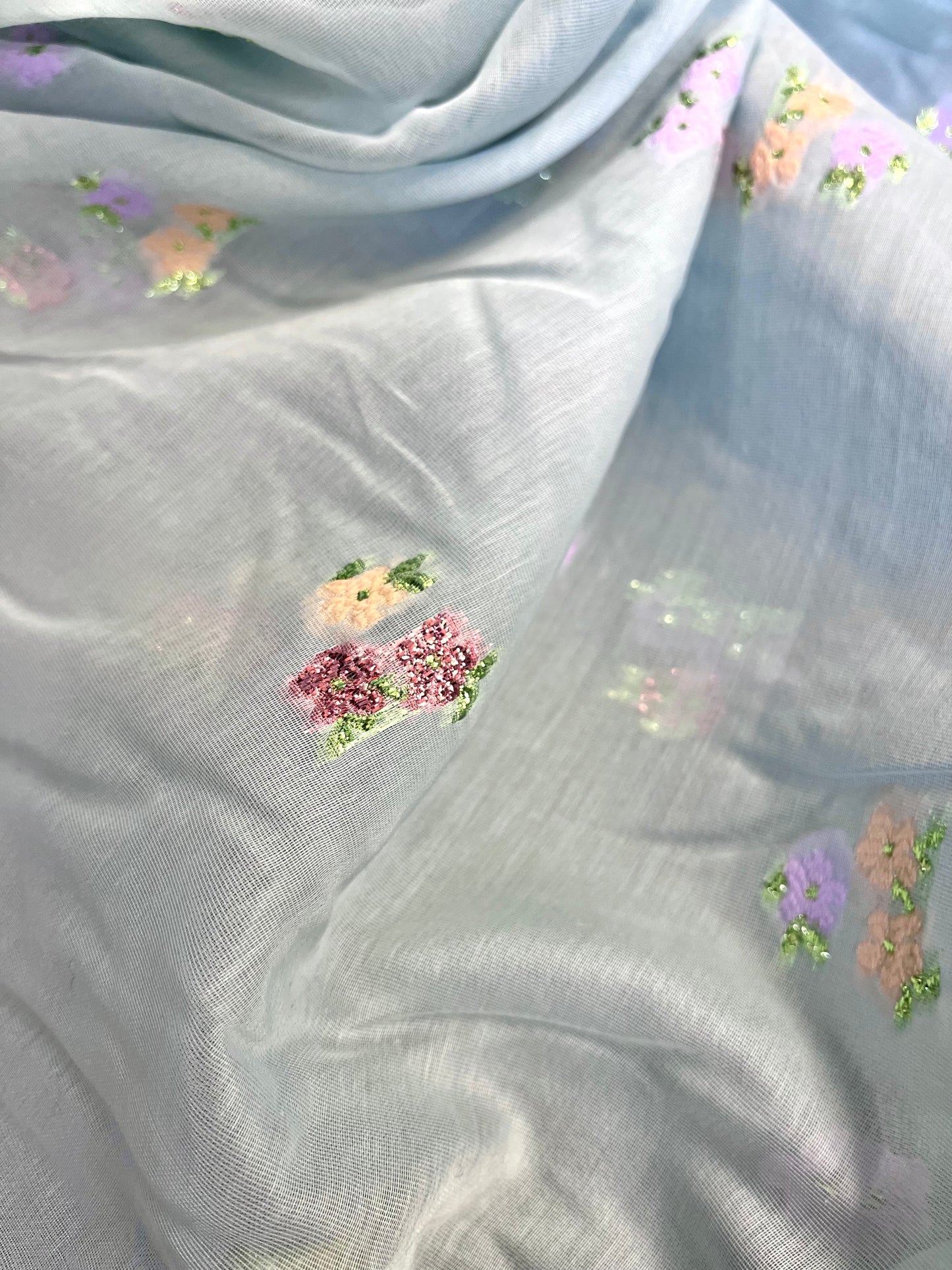 Embroidered Poly/Rayon Organza - Light Blue & Multicolor Lurex