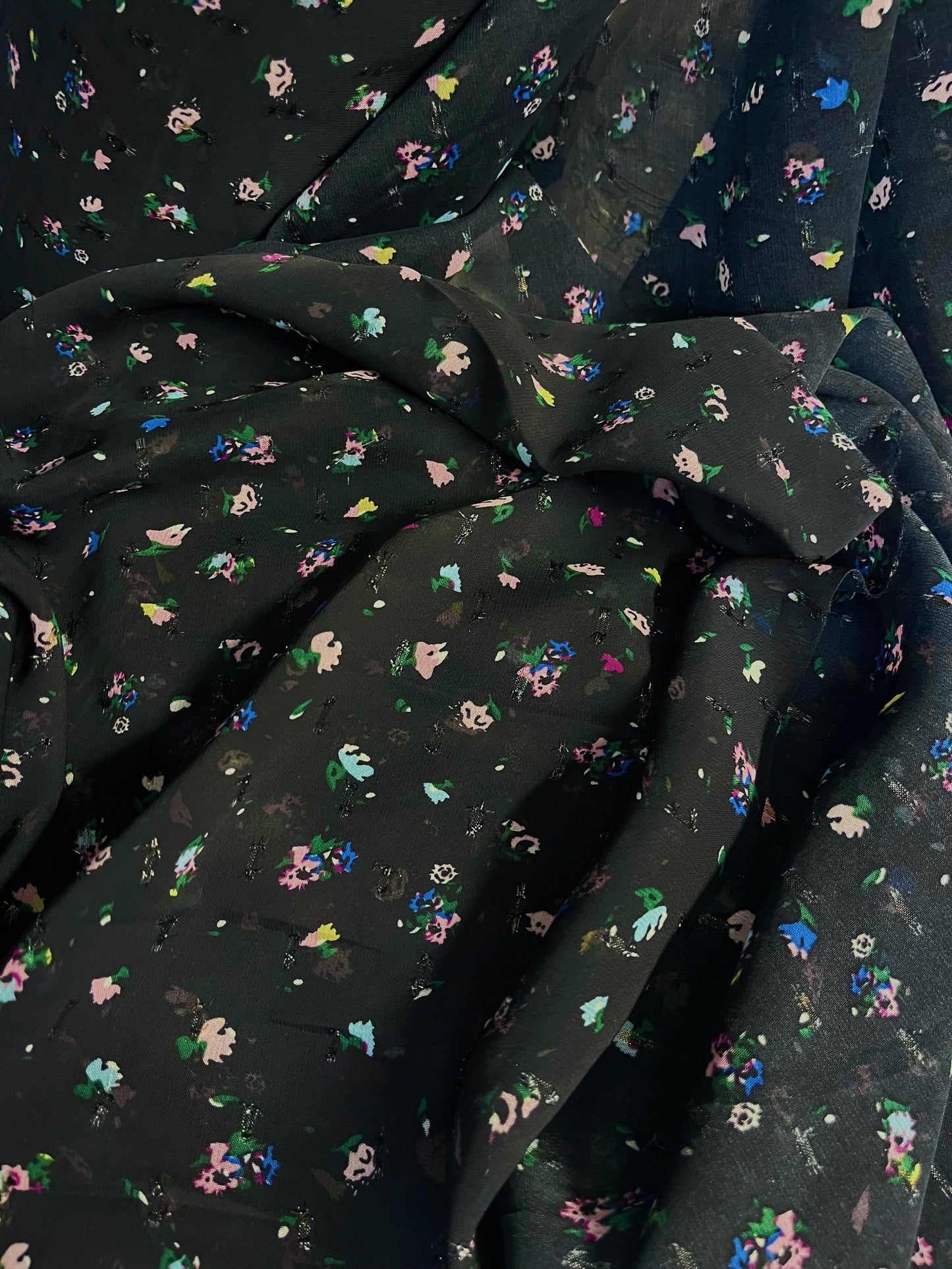 Floral Printed Lurex Chiffon - Black & Multicolor