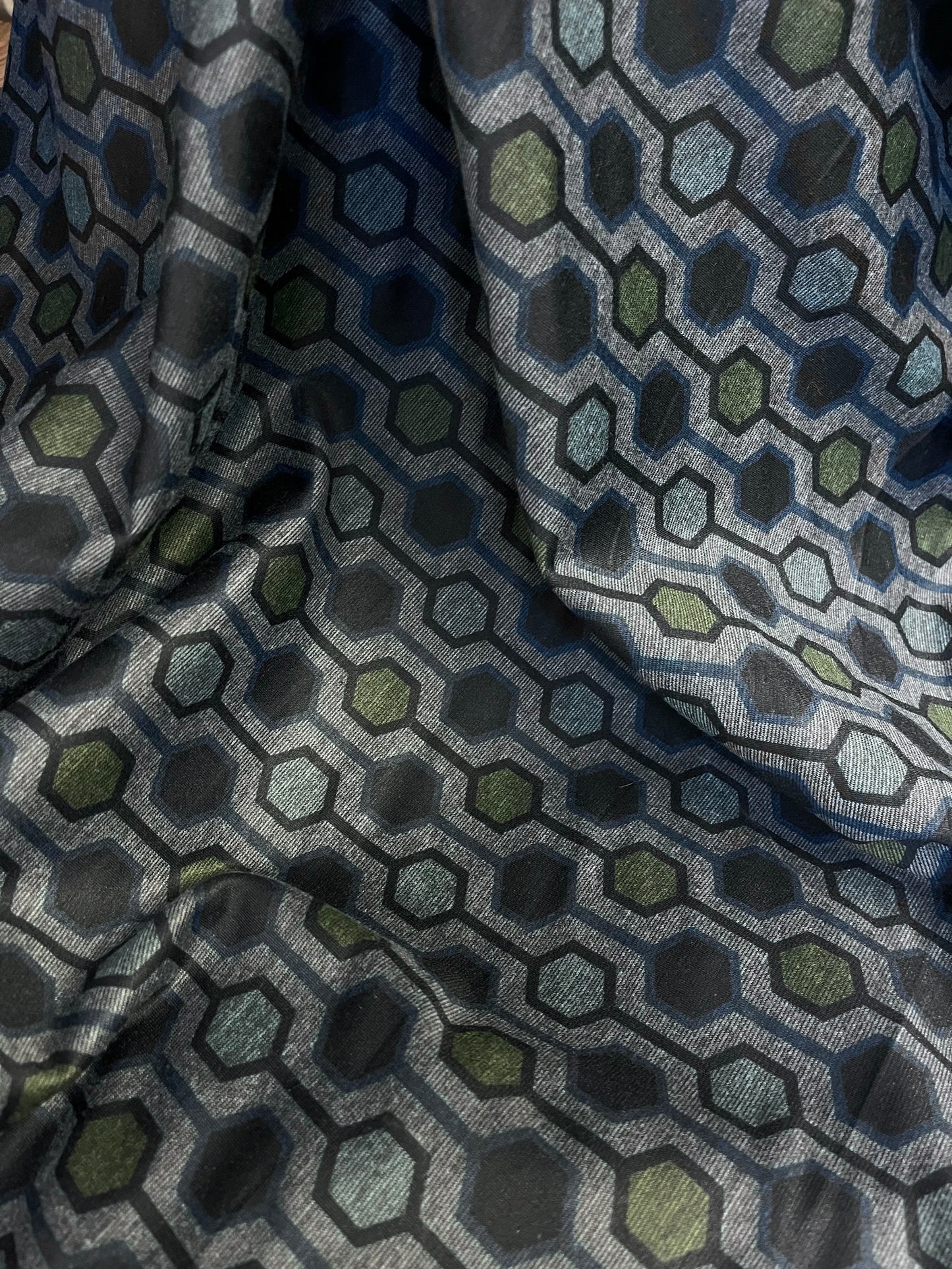 Geometric Printed Ponte Double-Knit Stretch Poly/Rayon - Grey, Blue & Green