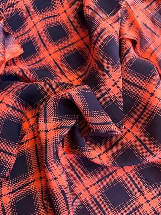 Matte Printed Silk Charmeuse - Plaid - Salmon & Black