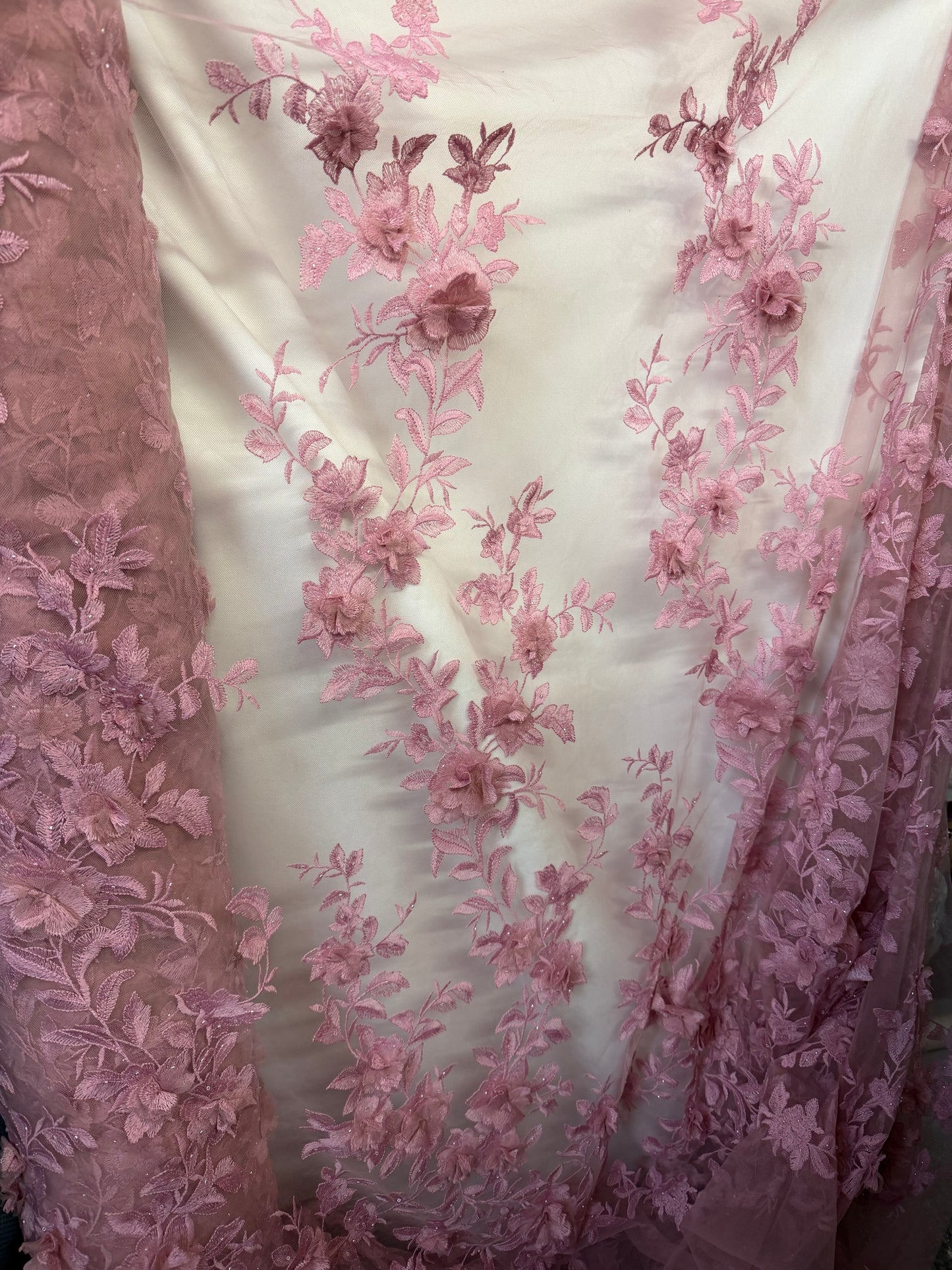 Floral Embroidered Applique Mesh - Pink Rose