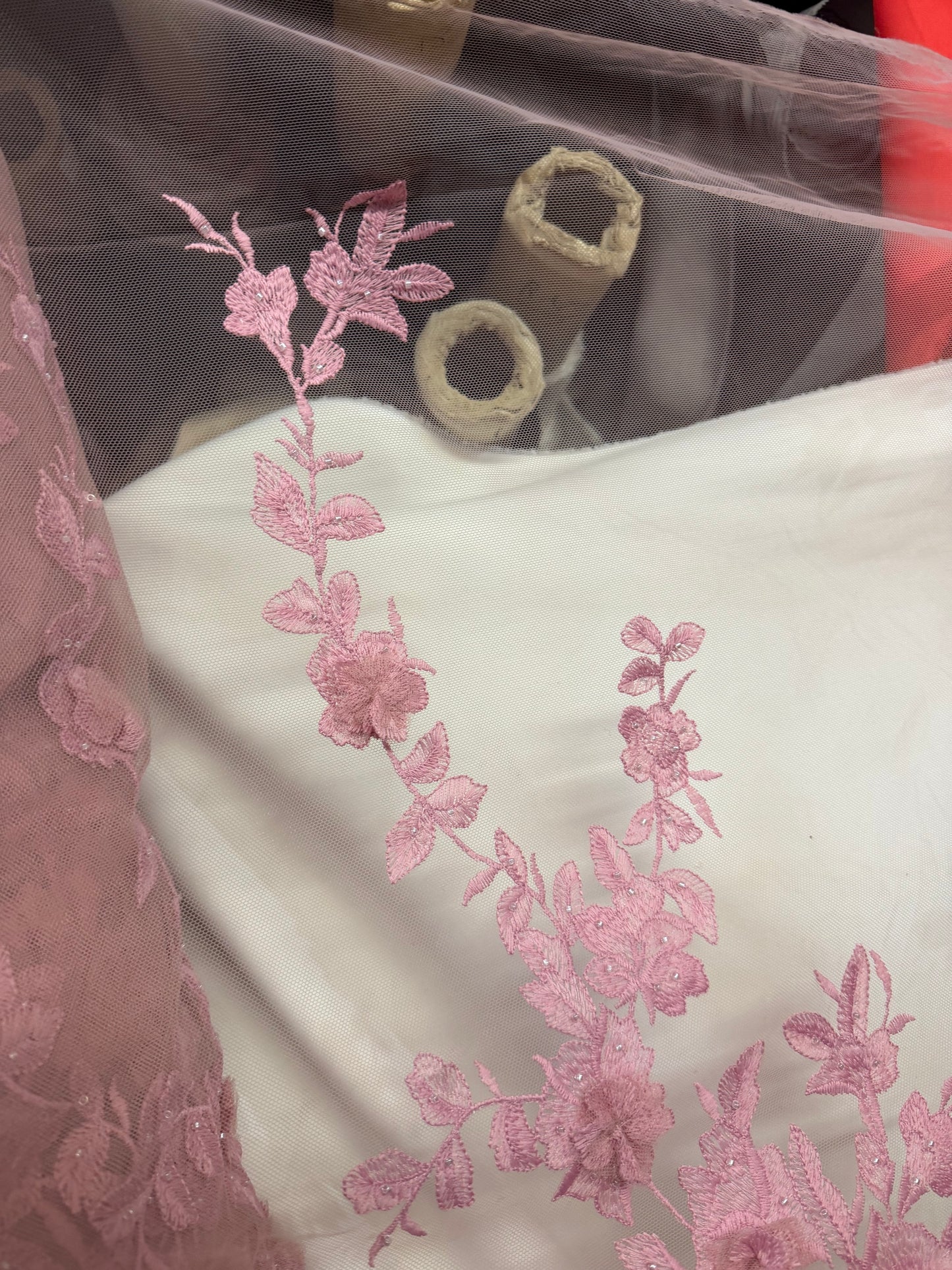 Floral Embroidered Applique Mesh - Pink Rose