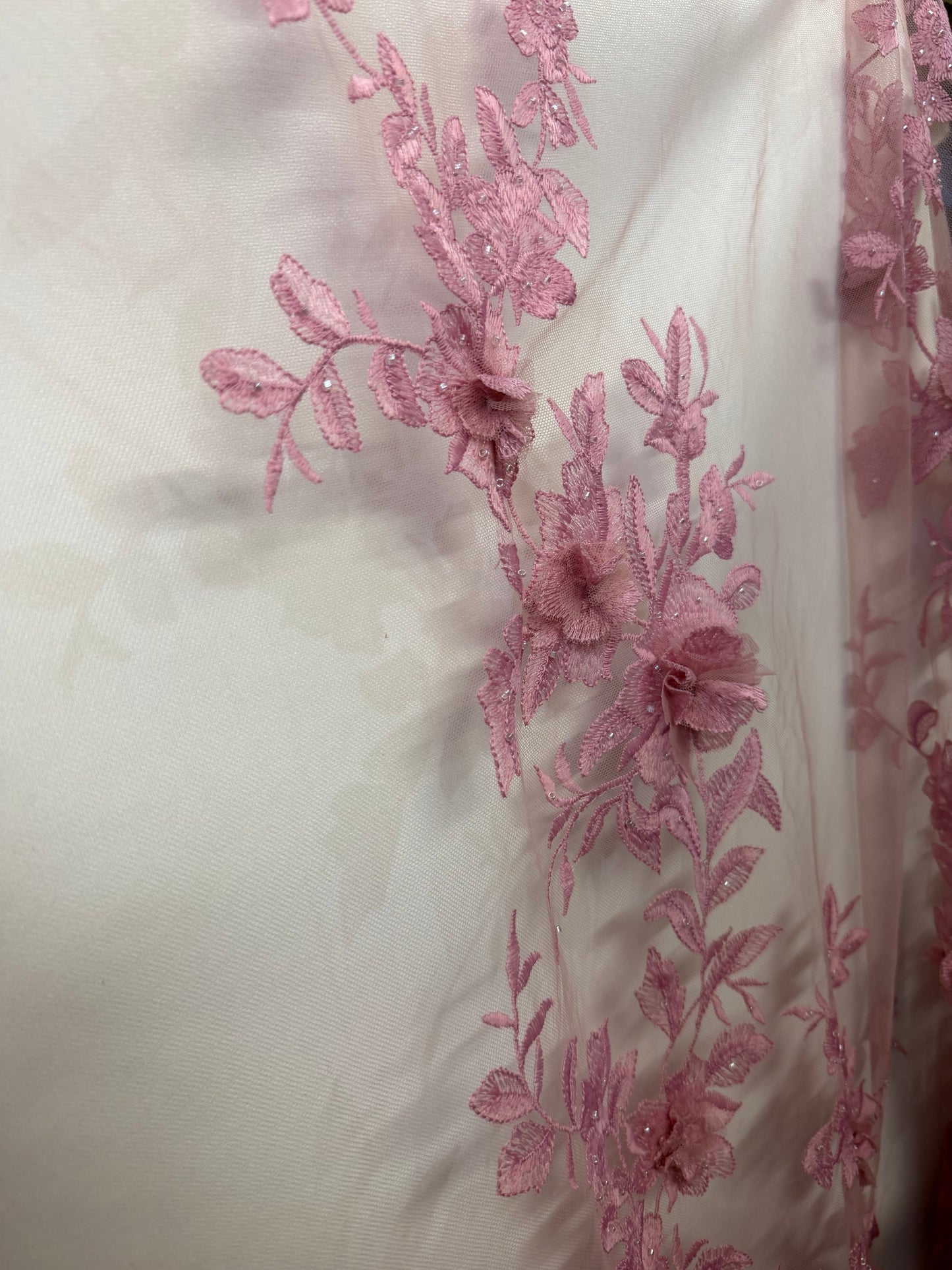 Floral Embroidered Applique Mesh - Pink Rose