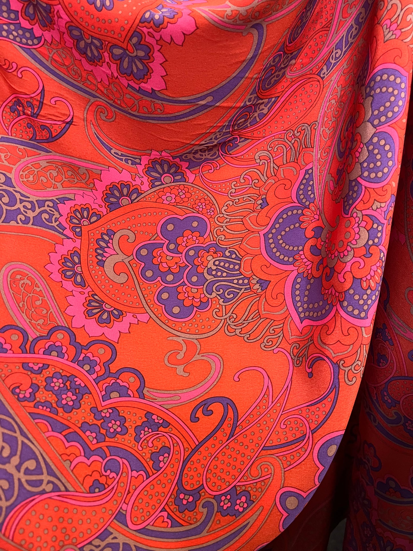 Printed Silk Crepe De Chine - 60's Paisley - Orange, Coral & purple