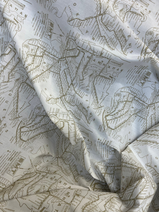 NYC Map Printed Cotton - Gold & White