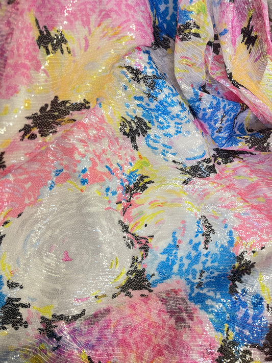 Embroidered Sequin Mesh - Bright Modern Floral