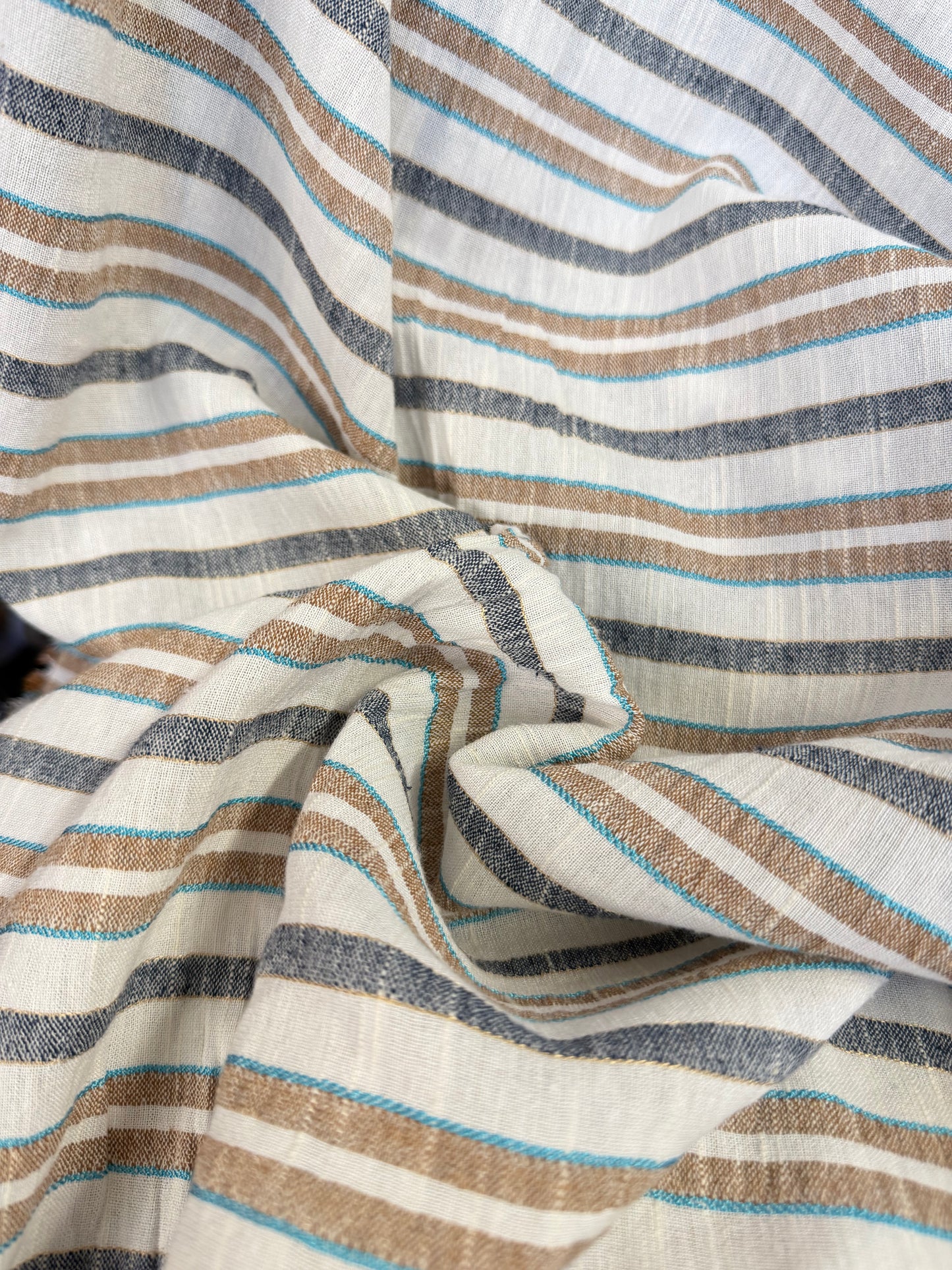 Textured Stripe Cotton & Linen Blend - Off-White & Tan, Turquoise & Gold Lurex