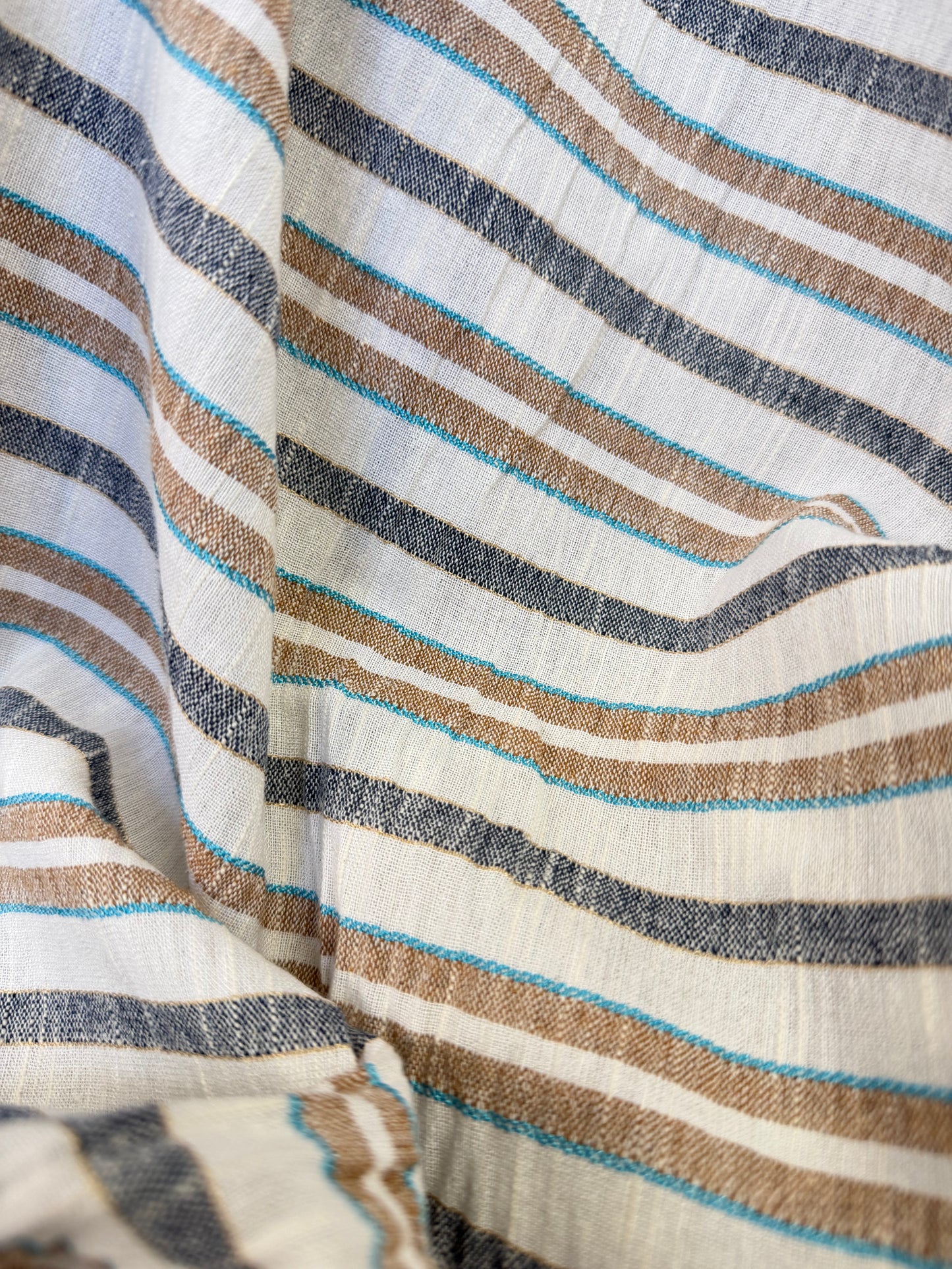 Textured Stripe Cotton & Linen Blend - Off-White & Tan, Turquoise & Gold Lurex