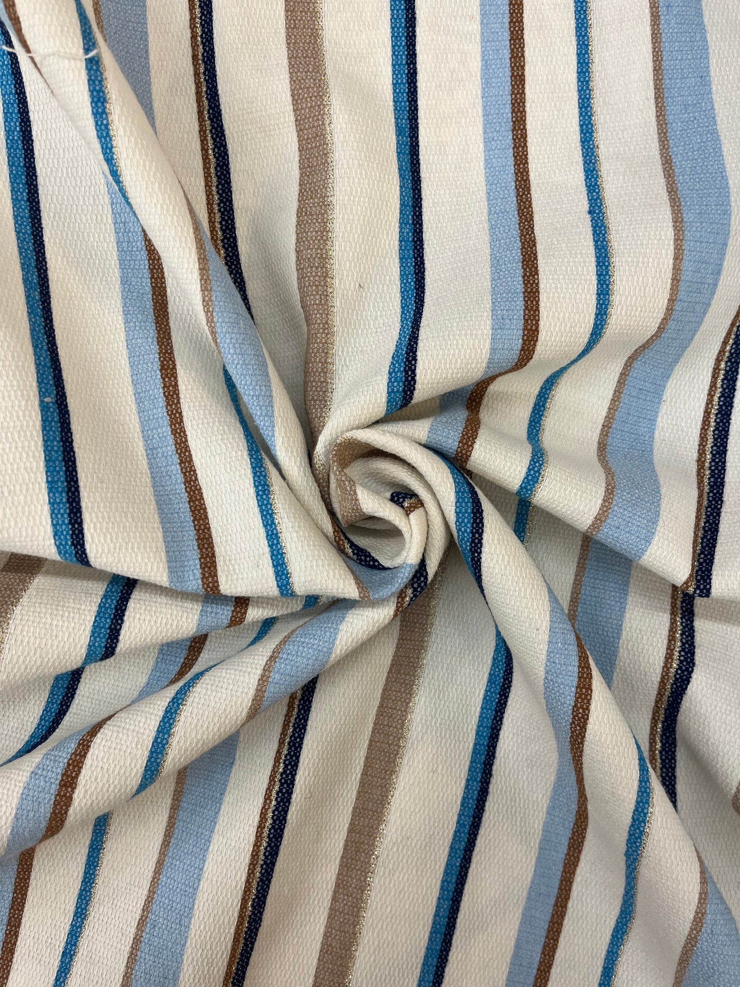 Cotton Poly Blend Lurex Stripe - Off-White, Blue, Brown & Gold