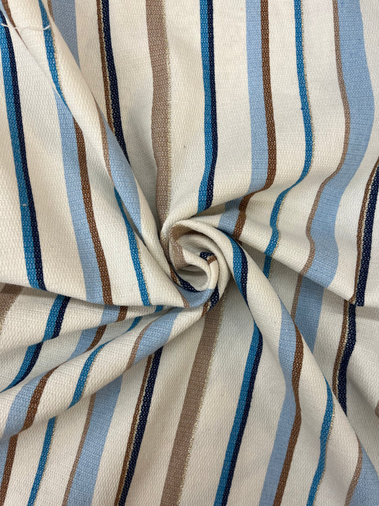 Cotton Poly Blend Lurex Stripe - Off-White, Blue, Brown & Gold
