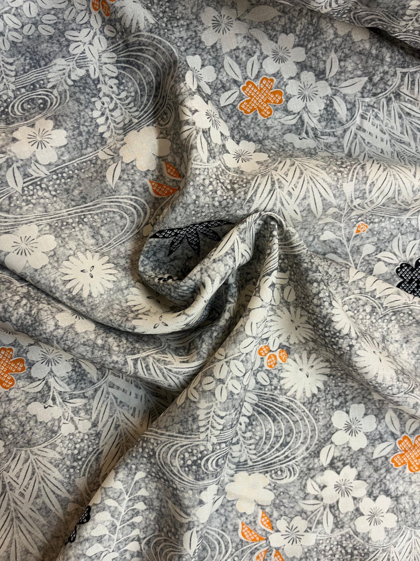 Italian Floral Print Linen Viscose Blend - Navy, Cream & Orange